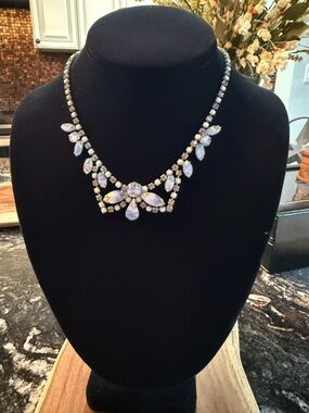 Vintage Milk Glass & Rhinestone Statement Necklace/Estate Find/Glam/Bridal
